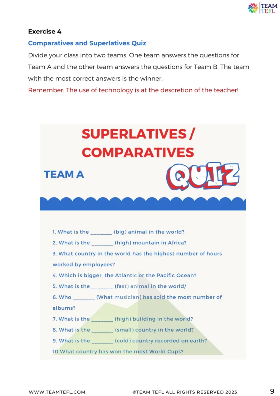 Team A quiz presents 10 comparative and superlative questions about animals, geography, music, and sports