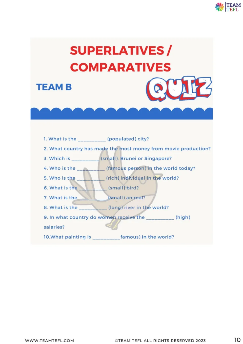 Team B quiz presents 10 comparative and superlative questions about cities, movies, animals, and famous art