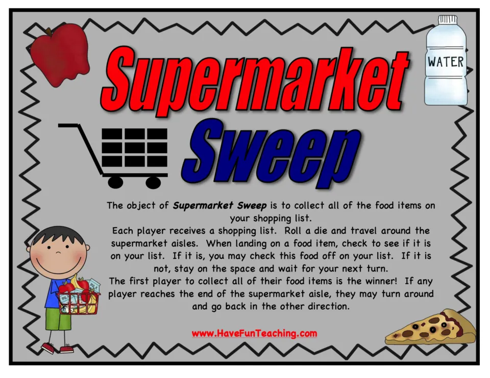 Supermarket Sweep cover with game rules: roll a die, move around the aisles and check off foods on your shopping list
