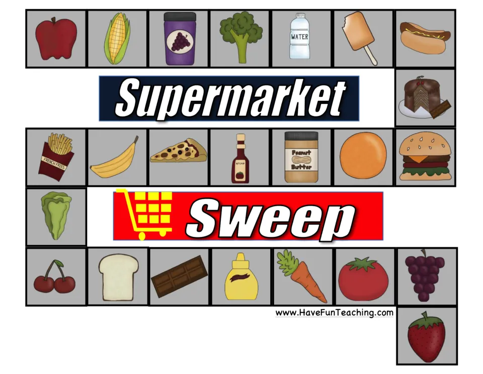 Game board: students roll and move along a path of food picture spaces such as apple, corn, broccoli, pizza and strawberry
