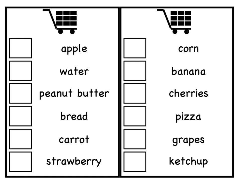 Shopping lists to read and check off: apple, water, peanut butter, bread and carrot; corn, banana, pizza and grapes