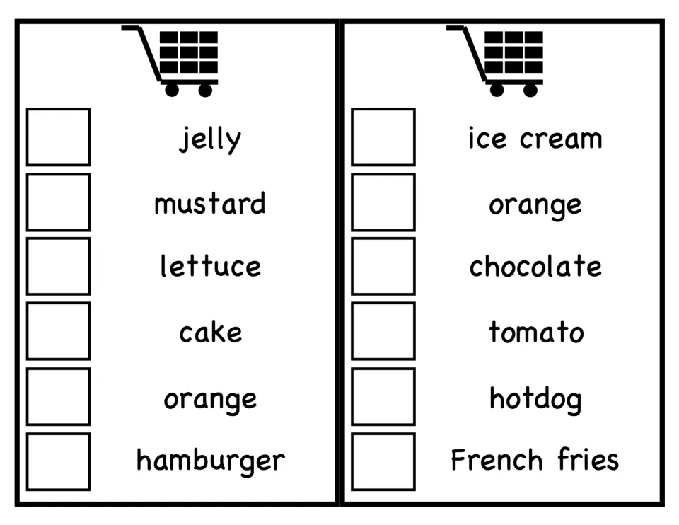 More shopping lists: jelly, mustard, lettuce, cake and hamburger; ice cream, chocolate, tomato, hotdog and French fries