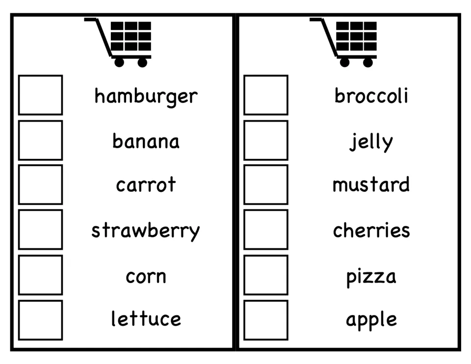 Player lists to match with board pictures: hamburger, banana, carrot, strawberry, corn, lettuce; broccoli, jelly and apple