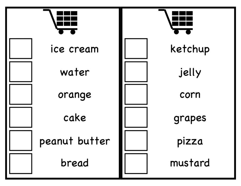 Two more cards of food words to tick off: ice cream, water, orange, cake, bread; ketchup, jelly, corn, grapes and mustard