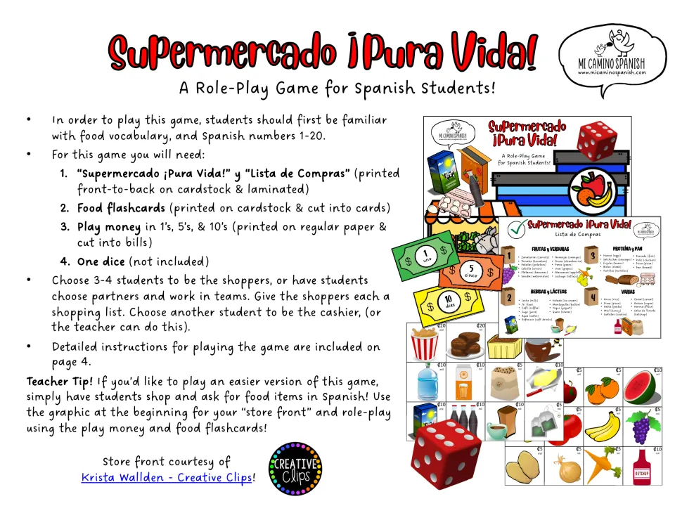 Spanish shopping game setup: food vocabulary, numbers 1–20, materials, shopper roles and an easier version