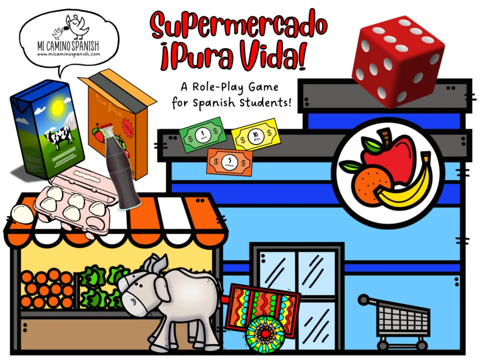 Supermercado ¡Pura Vida! storefront cover for the Spanish role-play game, showing groceries and play money