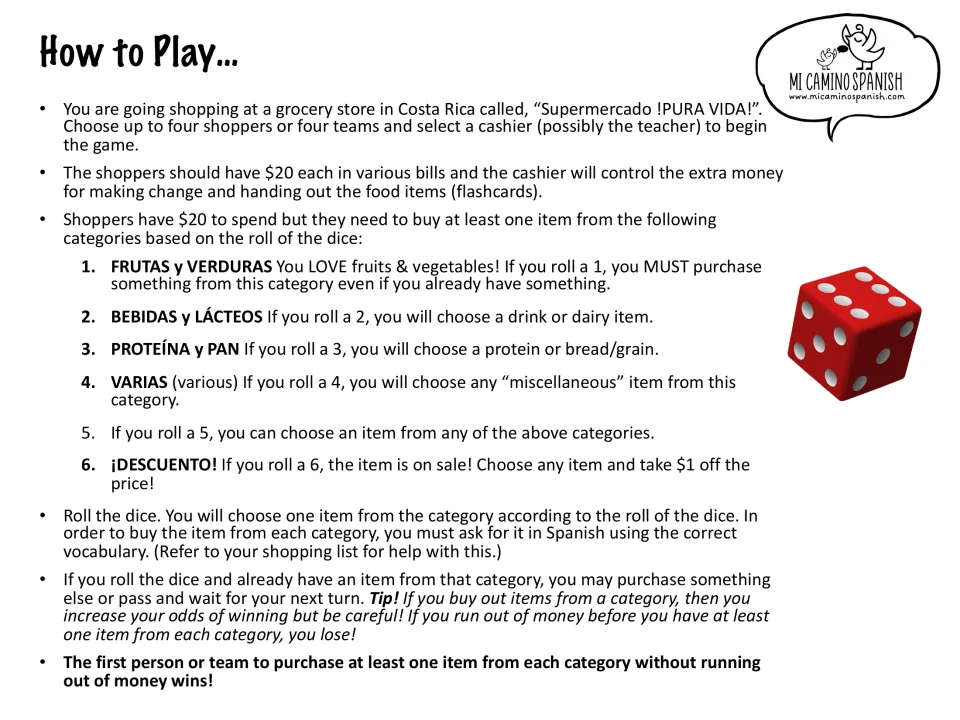 Shopping game rules: start with $20, roll for food categories, request items in Spanish and buy from all four