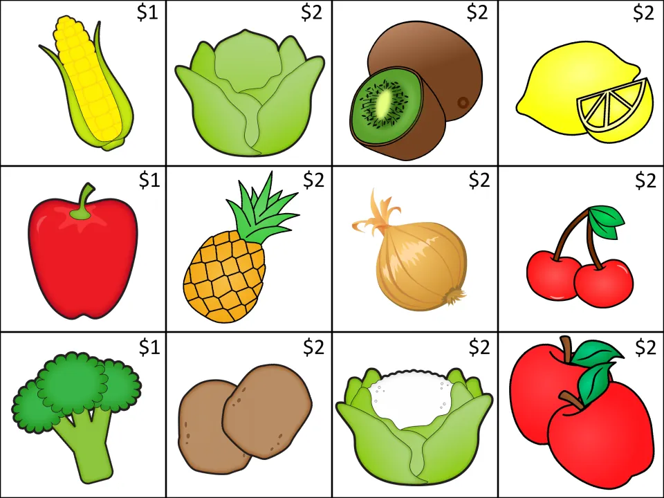First shopping game sheet of 12 food picture cards: corn, lettuce, kiwi, lemon and eight more, priced $1–$2