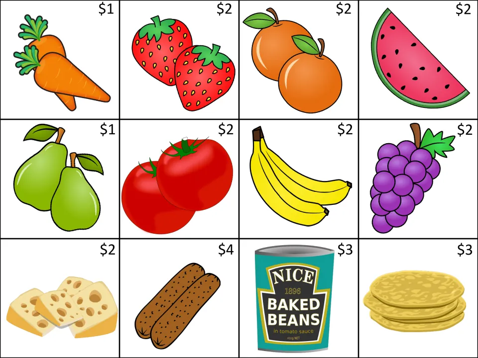 Second shopping game sheet of 12 food picture cards: carrots, strawberries and ten more, priced $1–$4