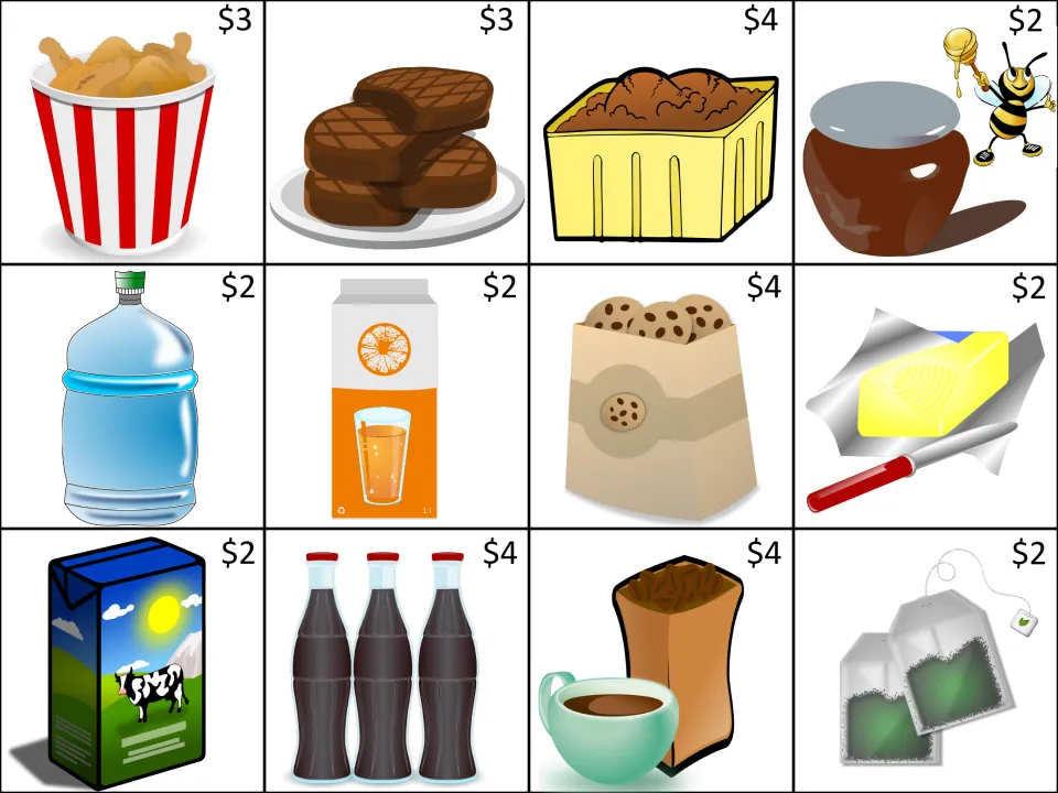 Third shopping game sheet of 12 food picture cards: chicken, steak, ice cream and nine more, priced $2–$4