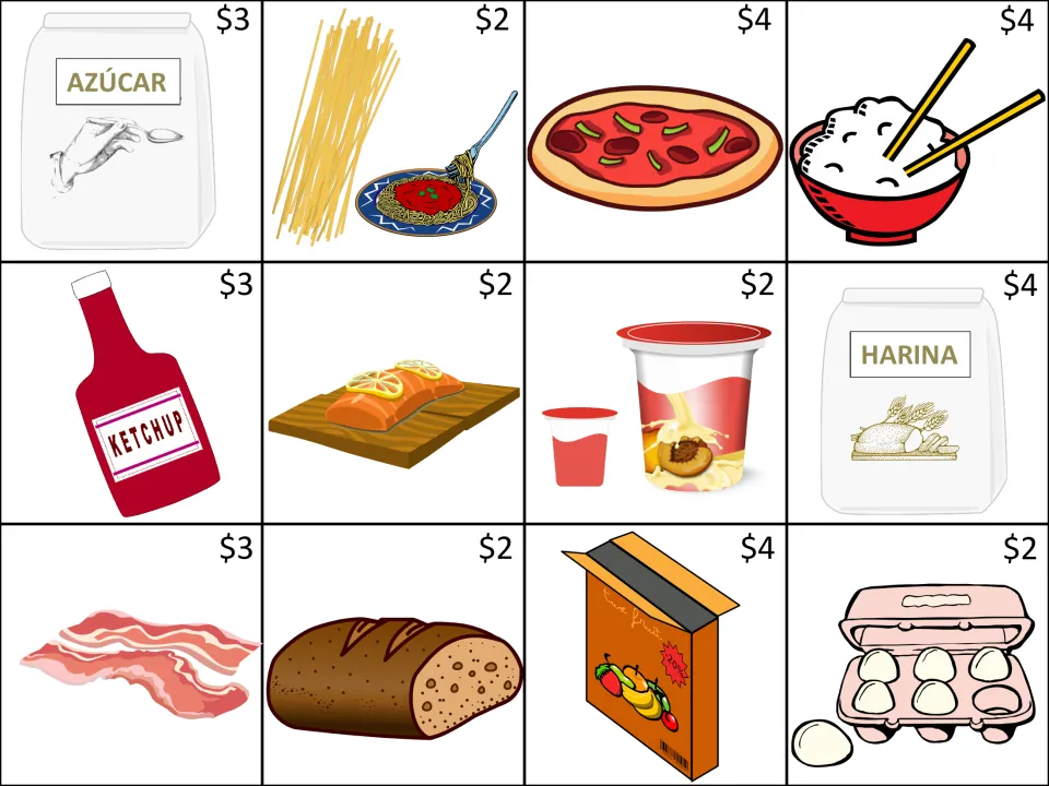 Fourth shopping game sheet of 12 food picture cards: sugar, pasta, pizza, rice and eight more, priced $2–$4