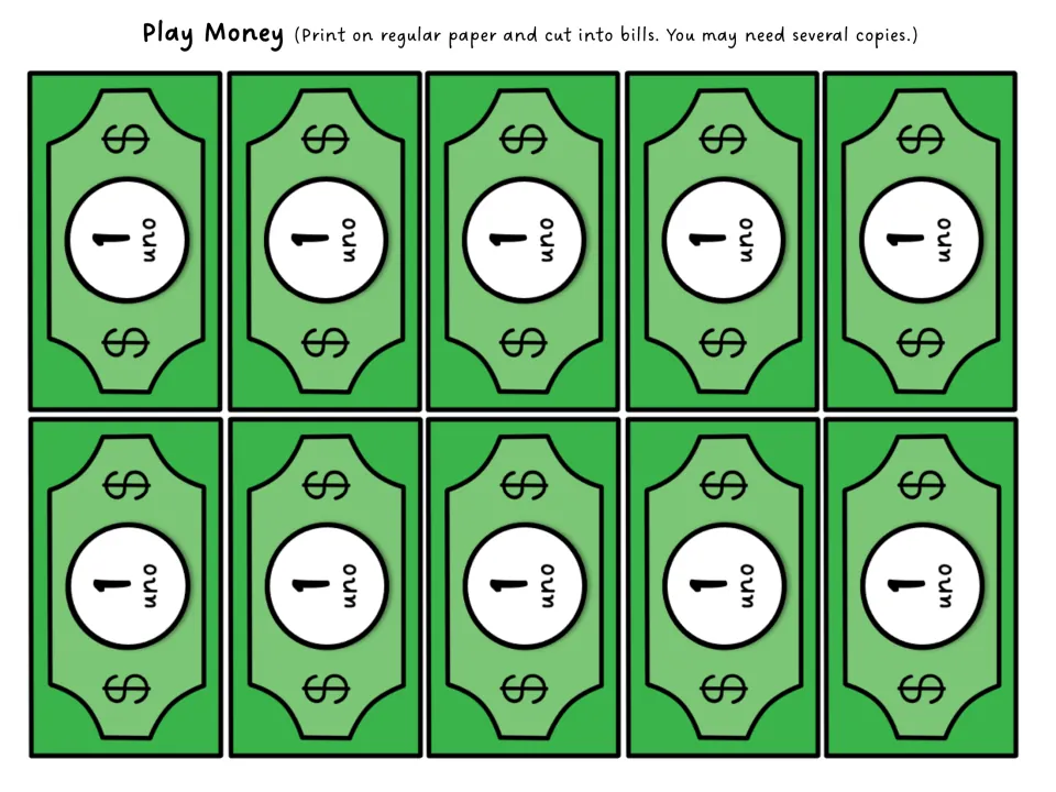 Shopping game play money sheet with ten green $1 bills labeled uno (one), to print and cut into bills
