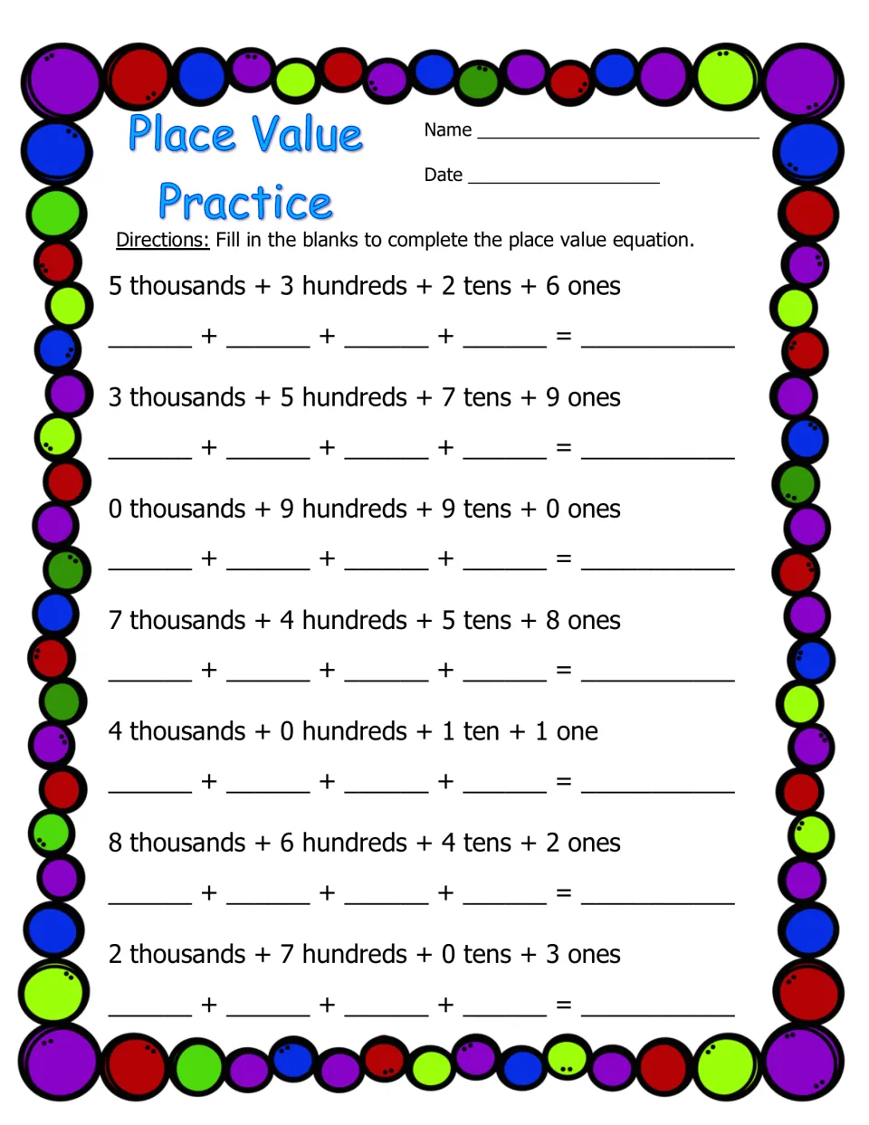 Place Value Practice in color: students rewrite 7 numbers in thousands, hundreds, tens and ones as expanded sums and totals