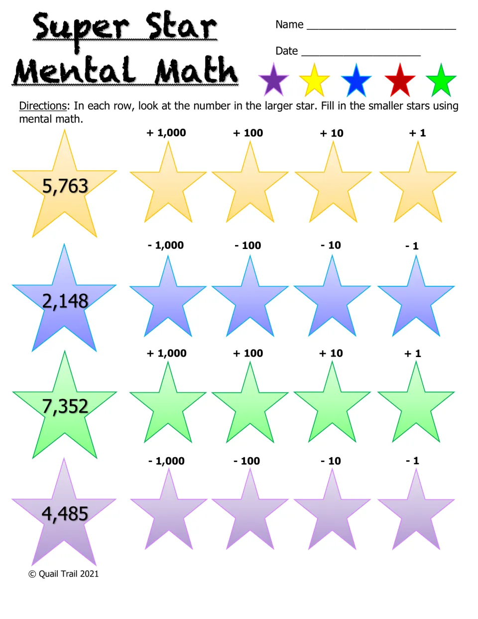 Super Star Mental Math in color: students add or subtract 1,000, 100, 10 and 1 from 5,763, 2,148, 7,352 and 4,485