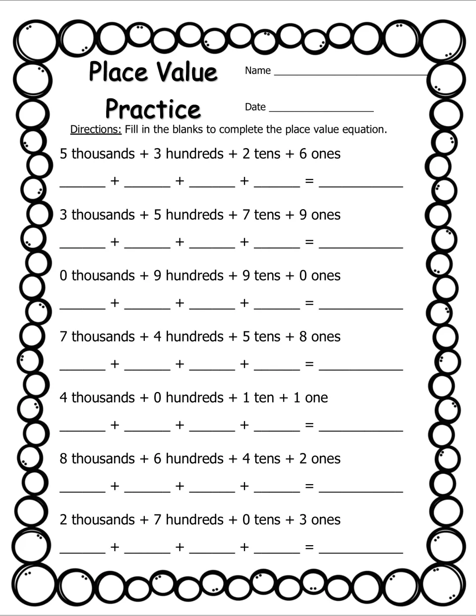 Place Value Practice, black and white: unit form such as 7 thousands + 4 hundreds + 5 tens + 8 ones becomes an expanded sum