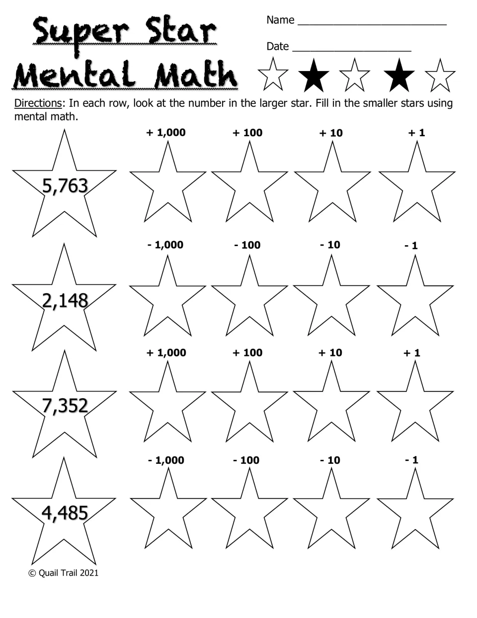 Super Star Mental Math, black and white: students write 1,000, 100, 10 and 1 more or less than four 4-digit numbers