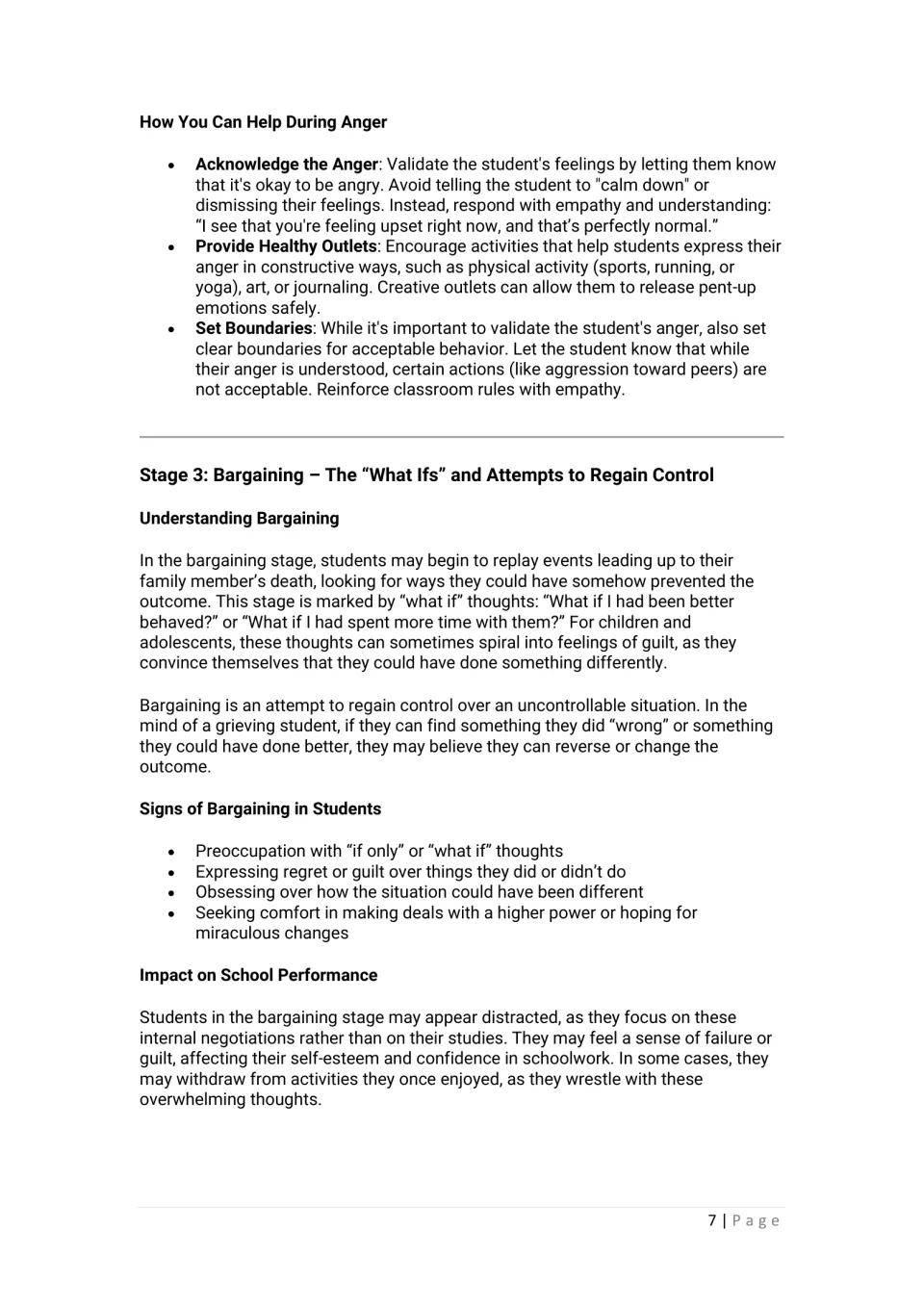 Chapter 2 gives support strategies for anger, then explains bargaining, its signs, and effects on schoolwork