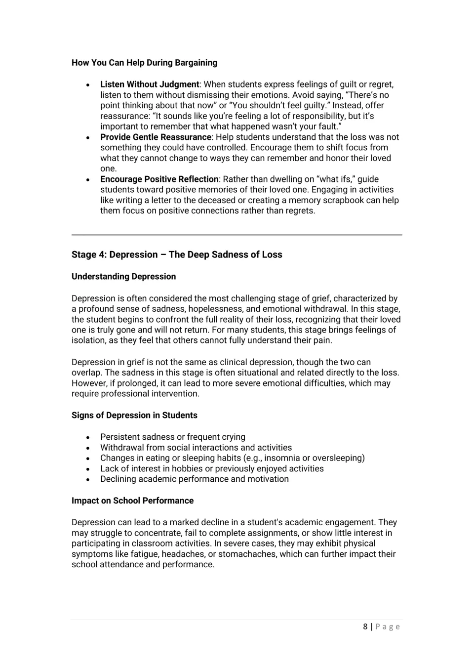 Chapter 2 gives support strategies for bargaining, then explains depression, its signs, and academic effects