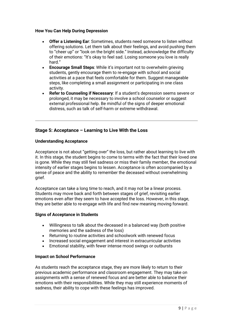 Chapter 2 gives support strategies for depression, then explains acceptance, its signs, and academic effects