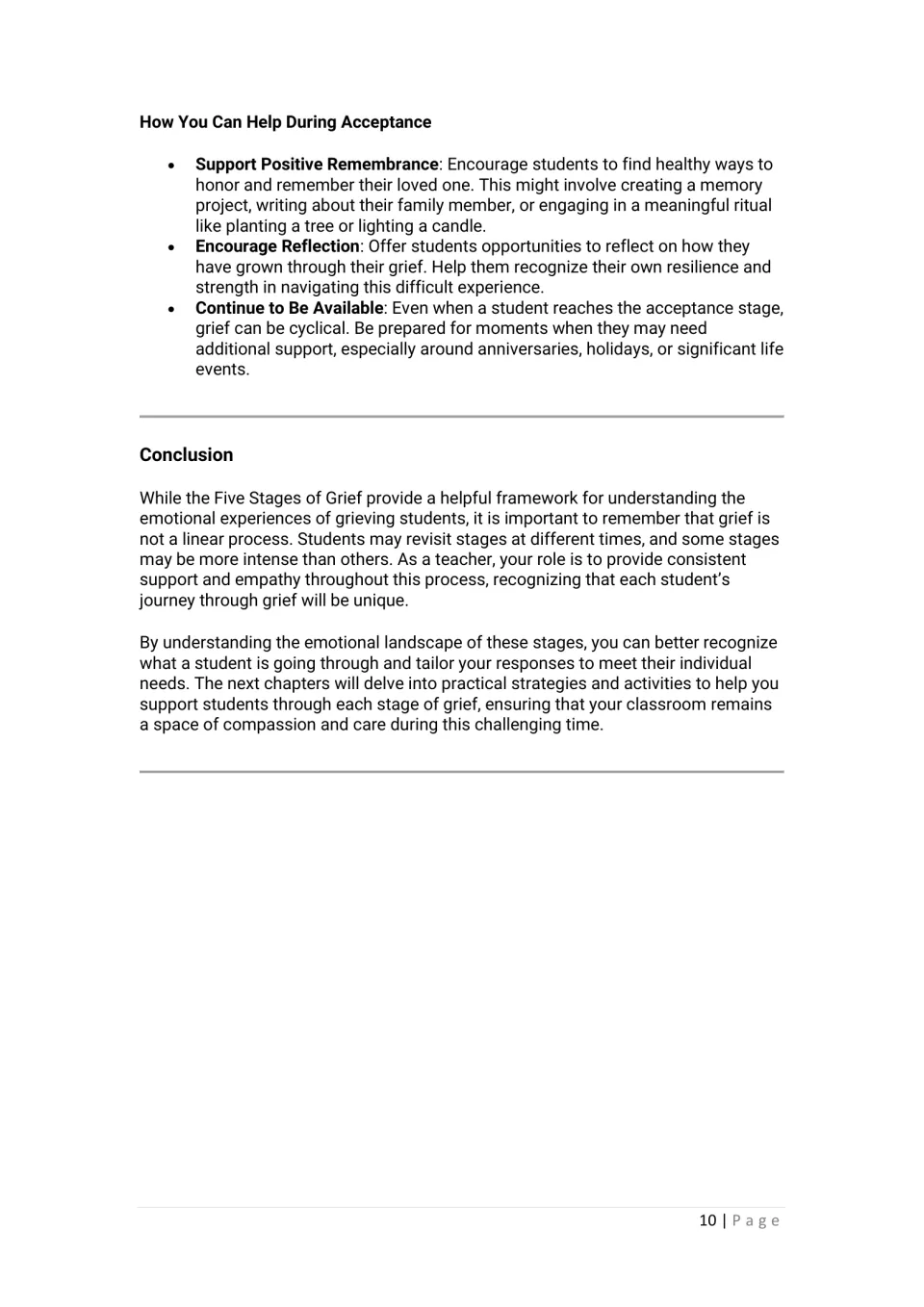 Chapter 2 closes with acceptance support through remembrance, reflection, and continued teacher availability