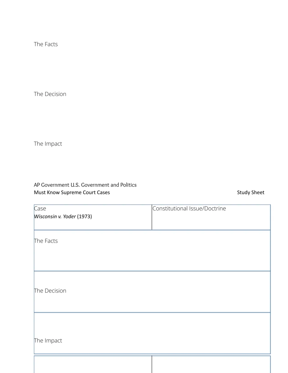 Supreme Court study sheet continuing Engel's facts, decision, and impact, with a Wisconsin v. Yoder organizer