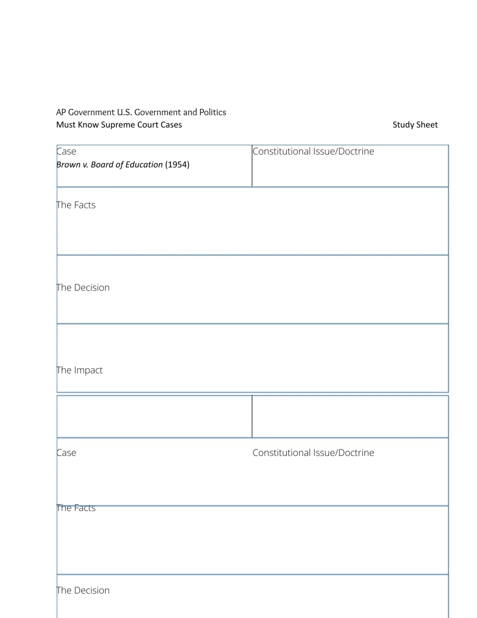 Supreme Court study sheet for Brown v. Board of Education, followed by an additional unnamed case organizer