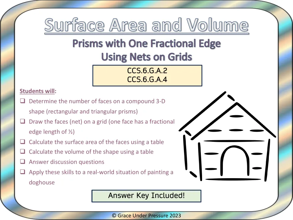 Surface Area and Volume cover: prisms with one fractional edge, nets on grids, a doghouse drawing and student task list