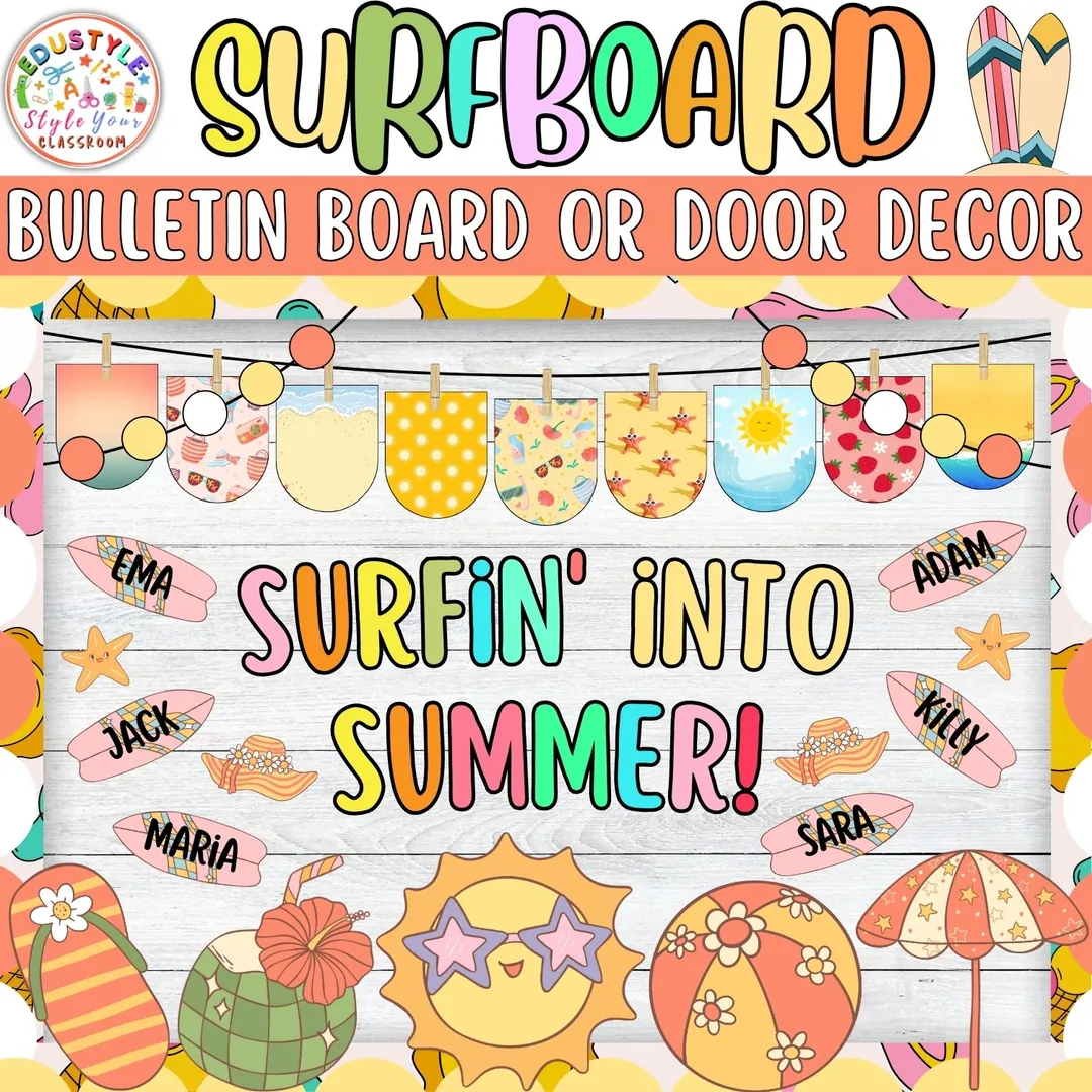 Surfin' Into Summer!: surfboard Summer Bulletin Board & Door Decor – cover