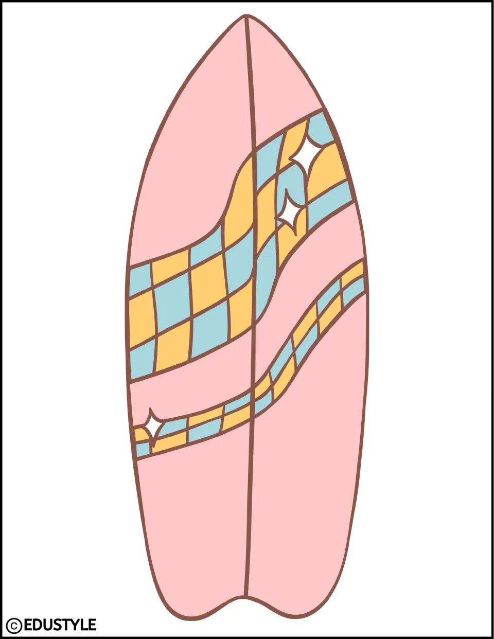 Surfboard cut-out: one large pink board with yellow and blue checkered wave stripes and white sparkles