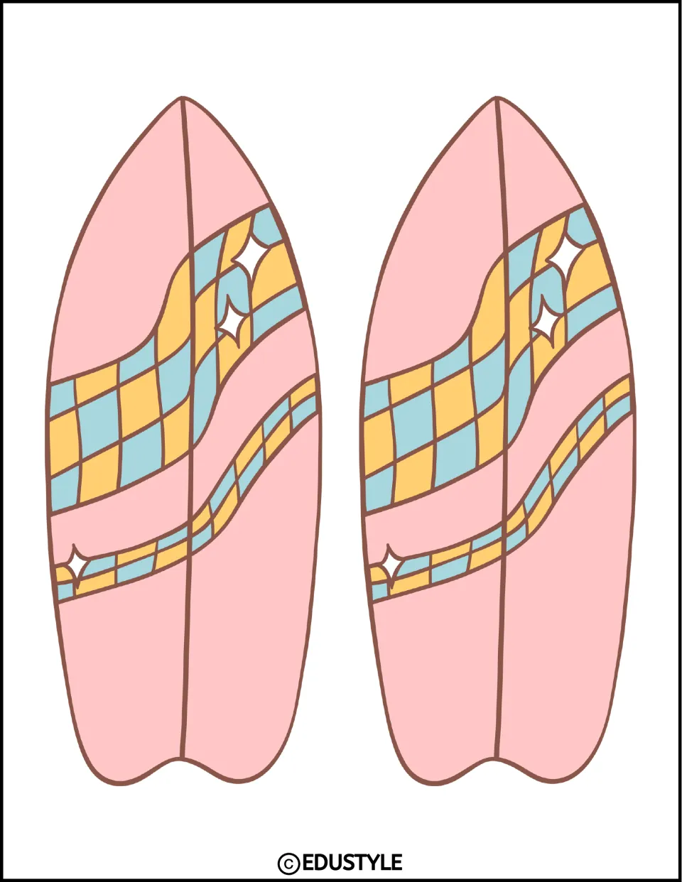 Two medium pink surfboards with checkered yellow and blue wave bands, printed side by side for cutting out