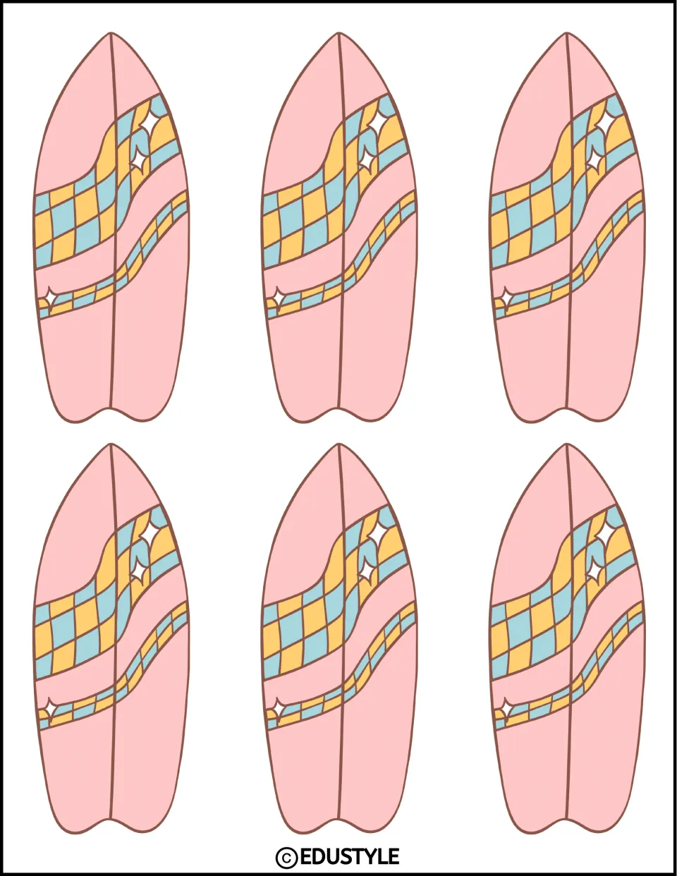 Six small matching surfboards with pink bodies and yellow and blue checkered wave bands to cut out