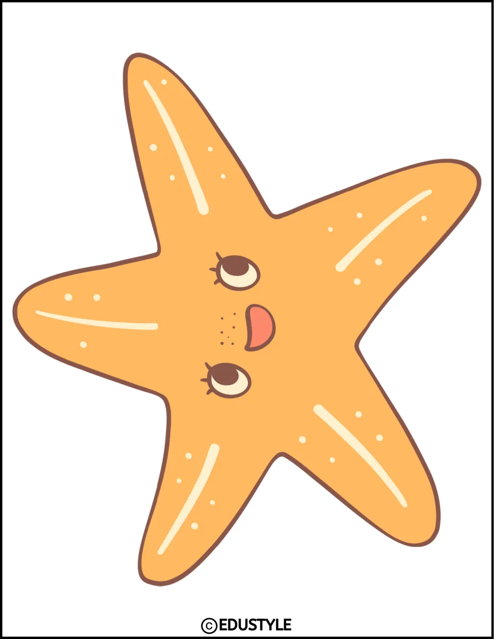 Starfish cut-out: one large smiling orange starfish with freckles and cream highlights filling the page