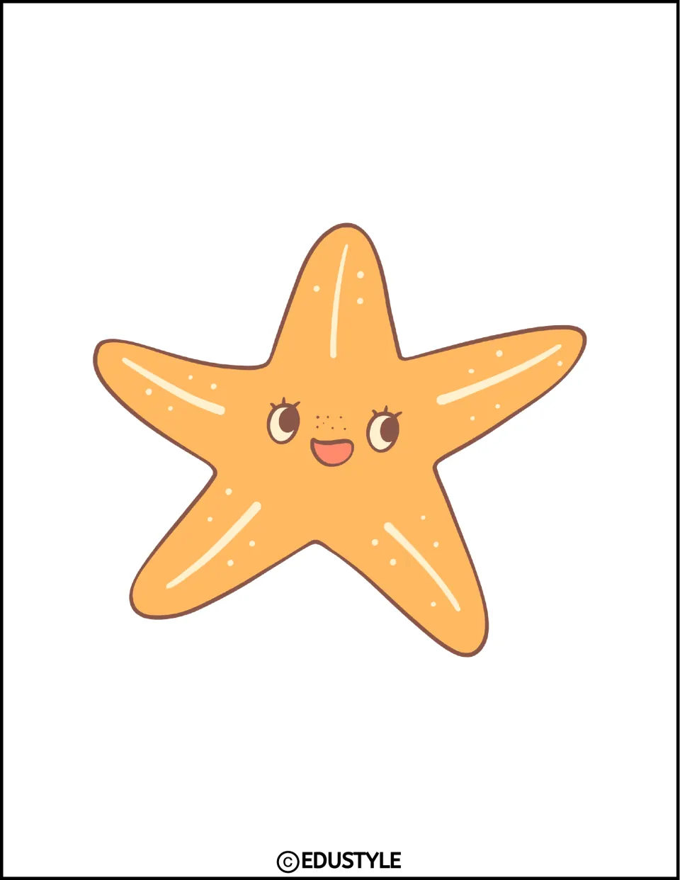 Single medium orange starfish with a smiling face and freckles, centered on the page for cutting out