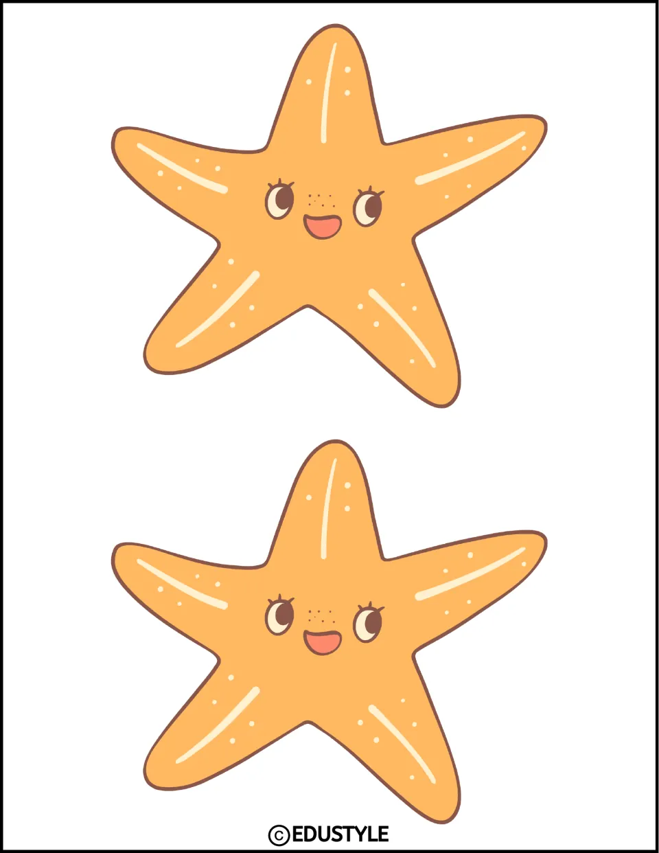Two smiling orange starfish stacked on one page, each with freckles and cream highlight marks to cut out