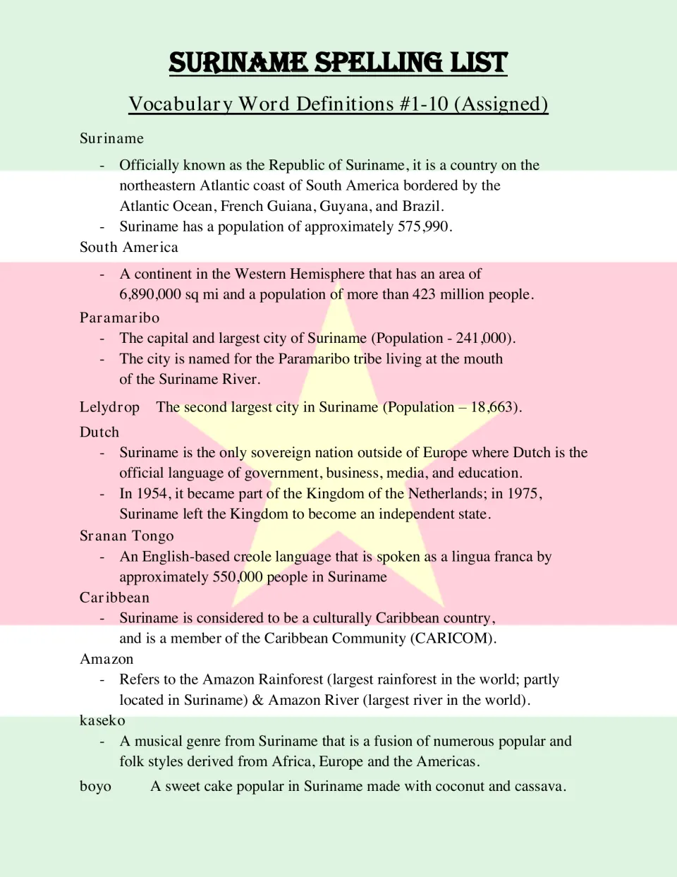 Definitions for assigned words 1–10, covering Suriname's geography, cities, languages, music, and food.