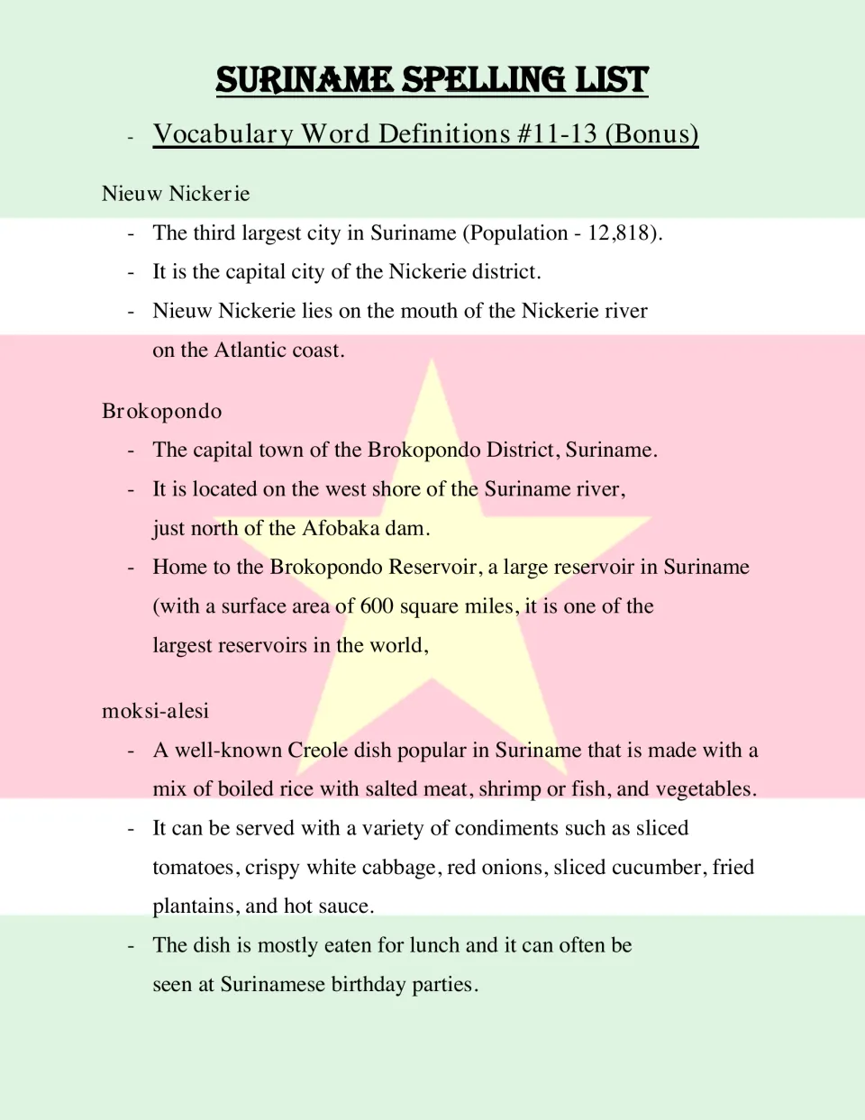 Definitions for bonus words 11–13: Nieuw Nickerie, Brokopondo, and moksi-alesi (a Creole rice dish).