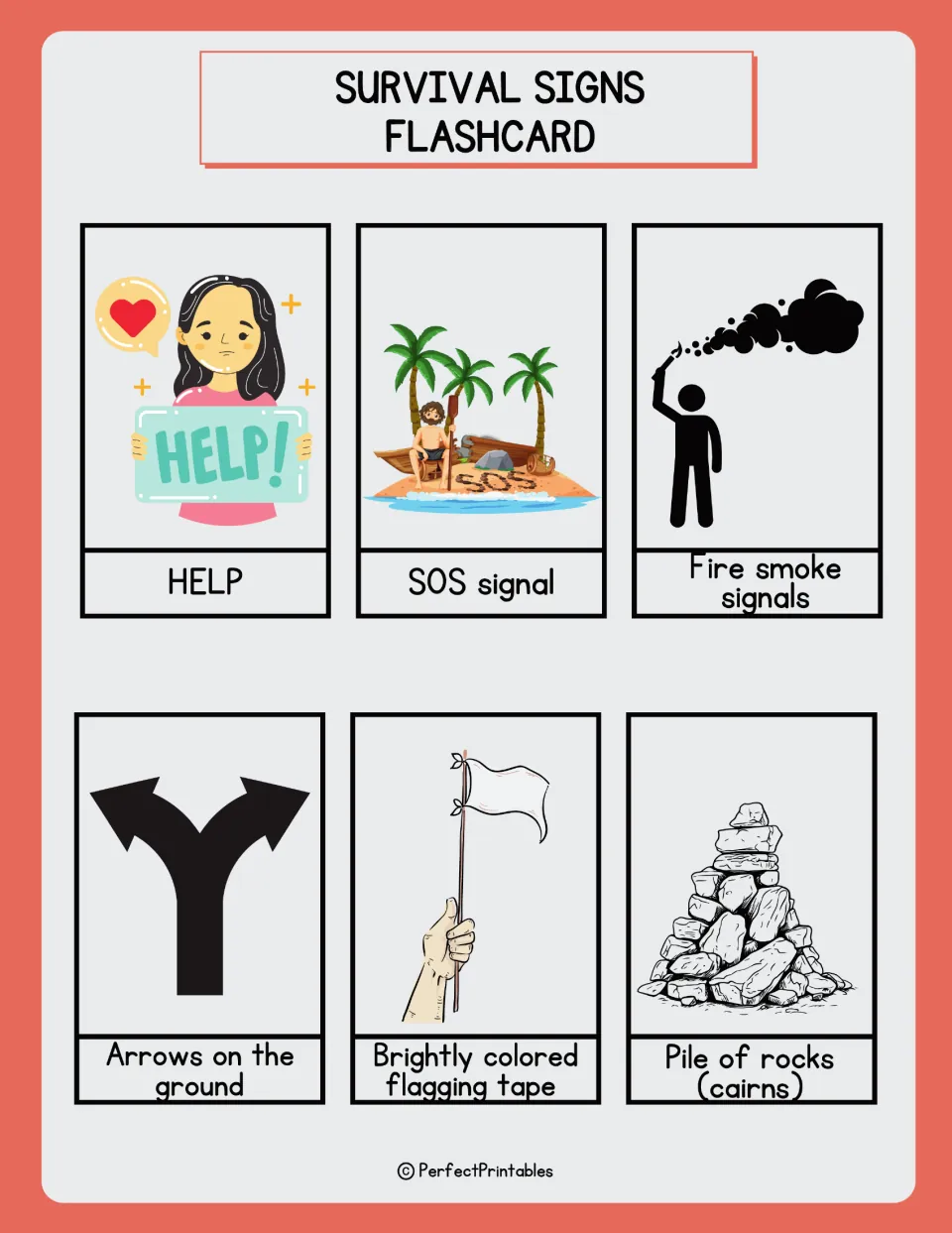 Survival signal flashcards: HELP sign, SOS on sand, smoke signals, ground arrows, flagging tape and a cairn of rocks
