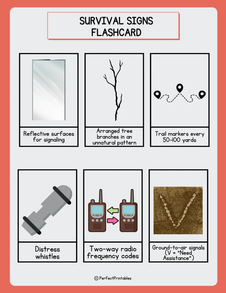 Signaling flashcards: mirror reflection, arranged branches, trail markers, distress whistle, two-way radios and V signal