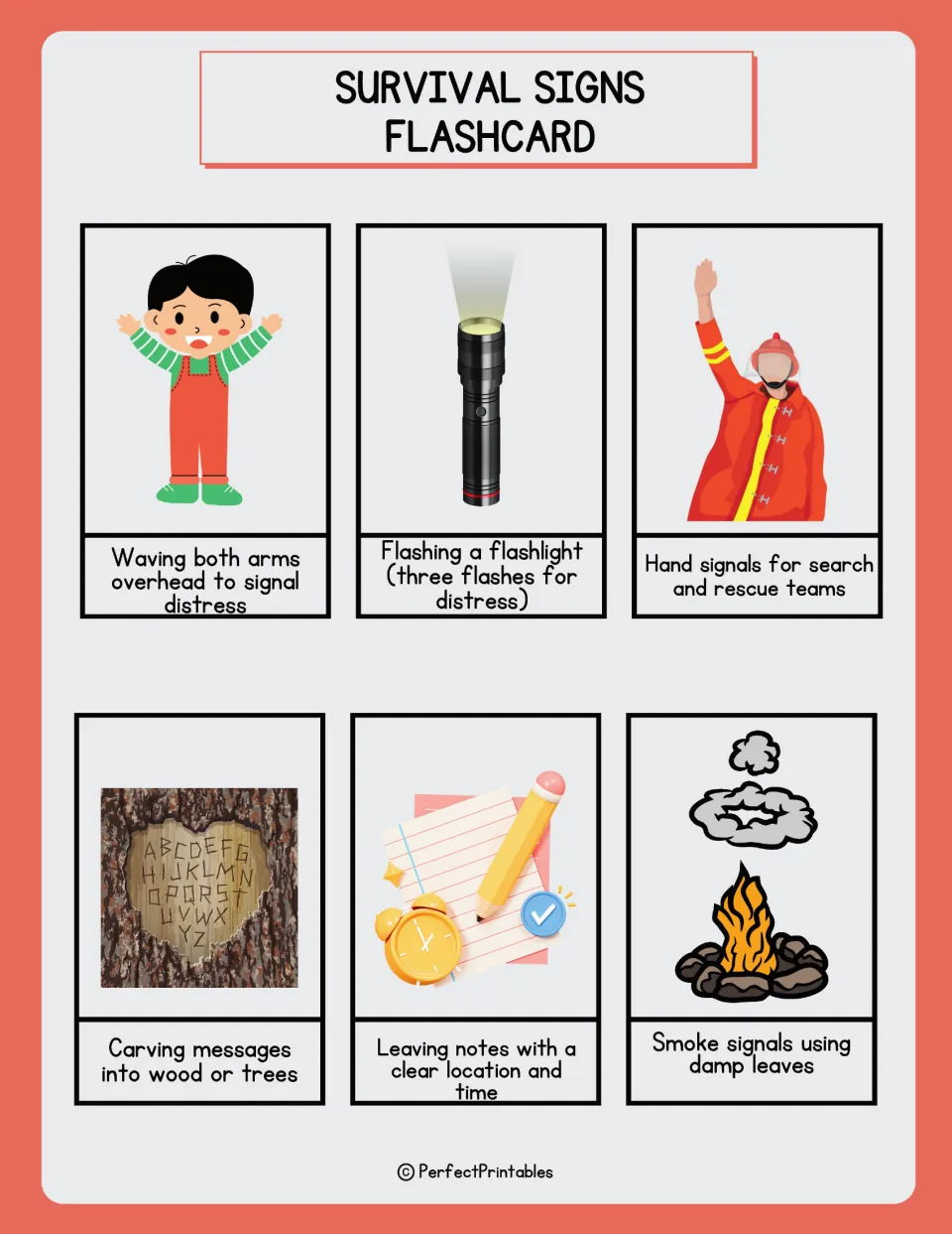 Distress signal cards: waving both arms, three flashlight flashes, rescue hand signals, carved messages, notes, smoke