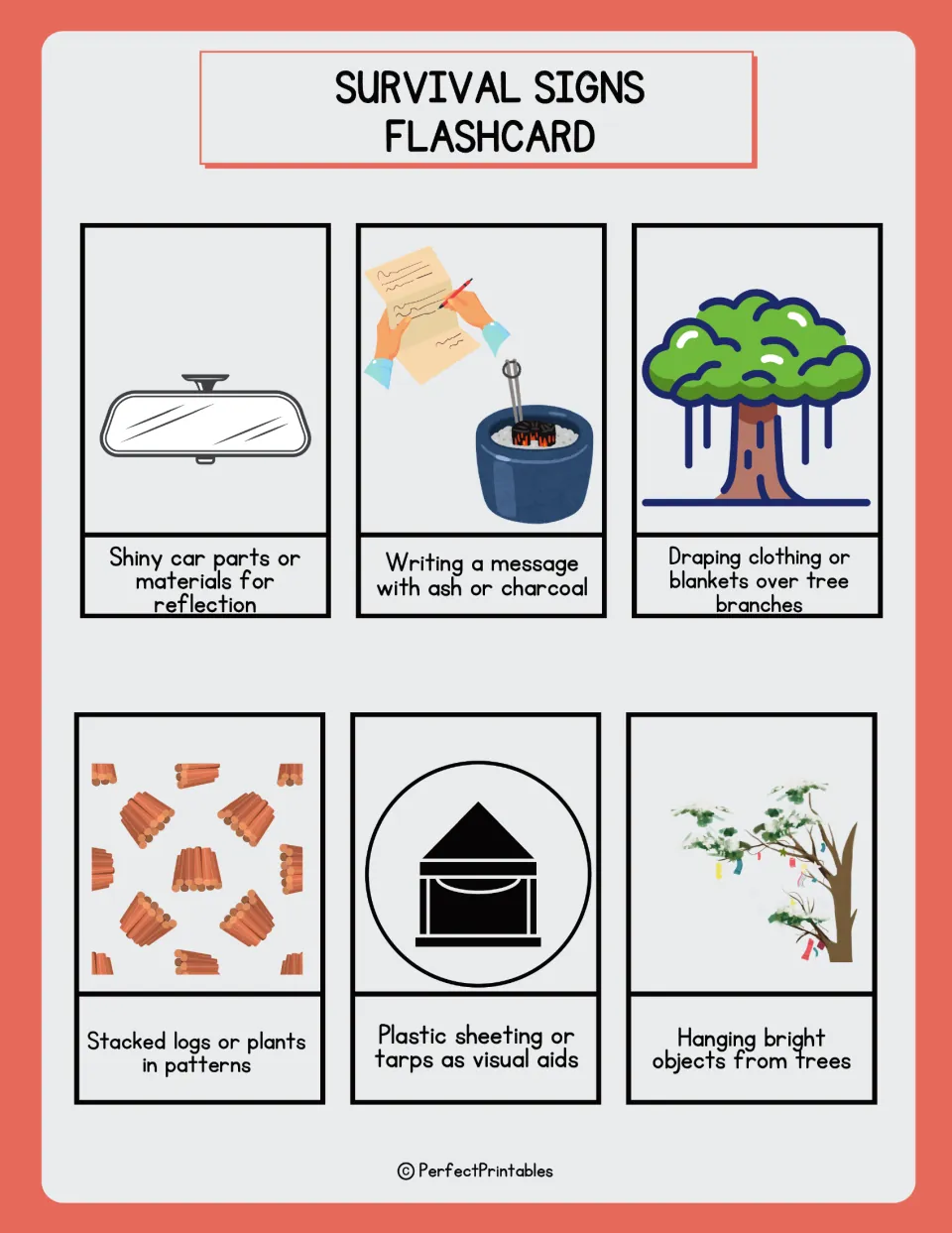 Signal cards: shiny car mirror, ash or charcoal message, clothing draped on trees, patterned logs, tarps, bright objects