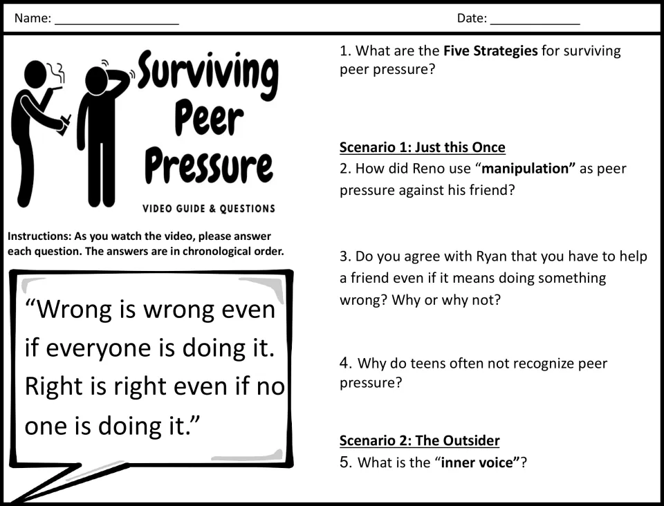 Peer pressure video guide: students answer questions 1-5 on five strategies, manipulation and the inner voice