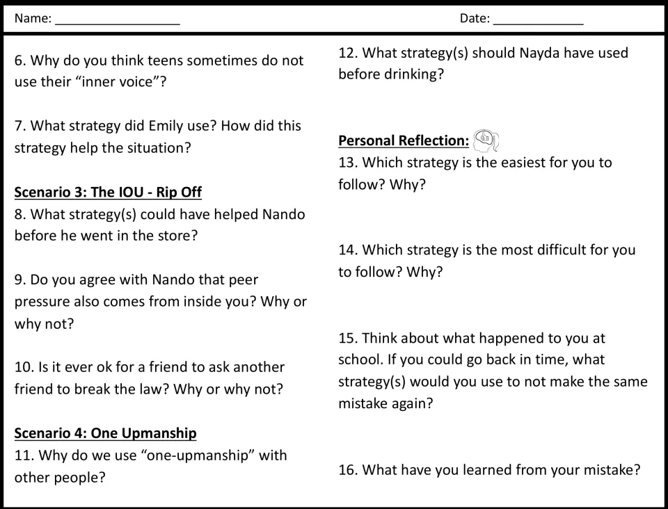 Peer pressure questions 6-16: students apply strategies to Scenarios 3 and 4, then reflect on their own mistake