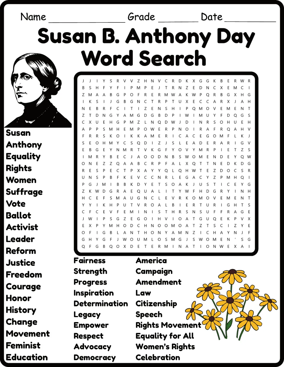 Susan B. Anthony Day word search: students find 40 words like suffrage, ballot, amendment and equality in a letter puzzle