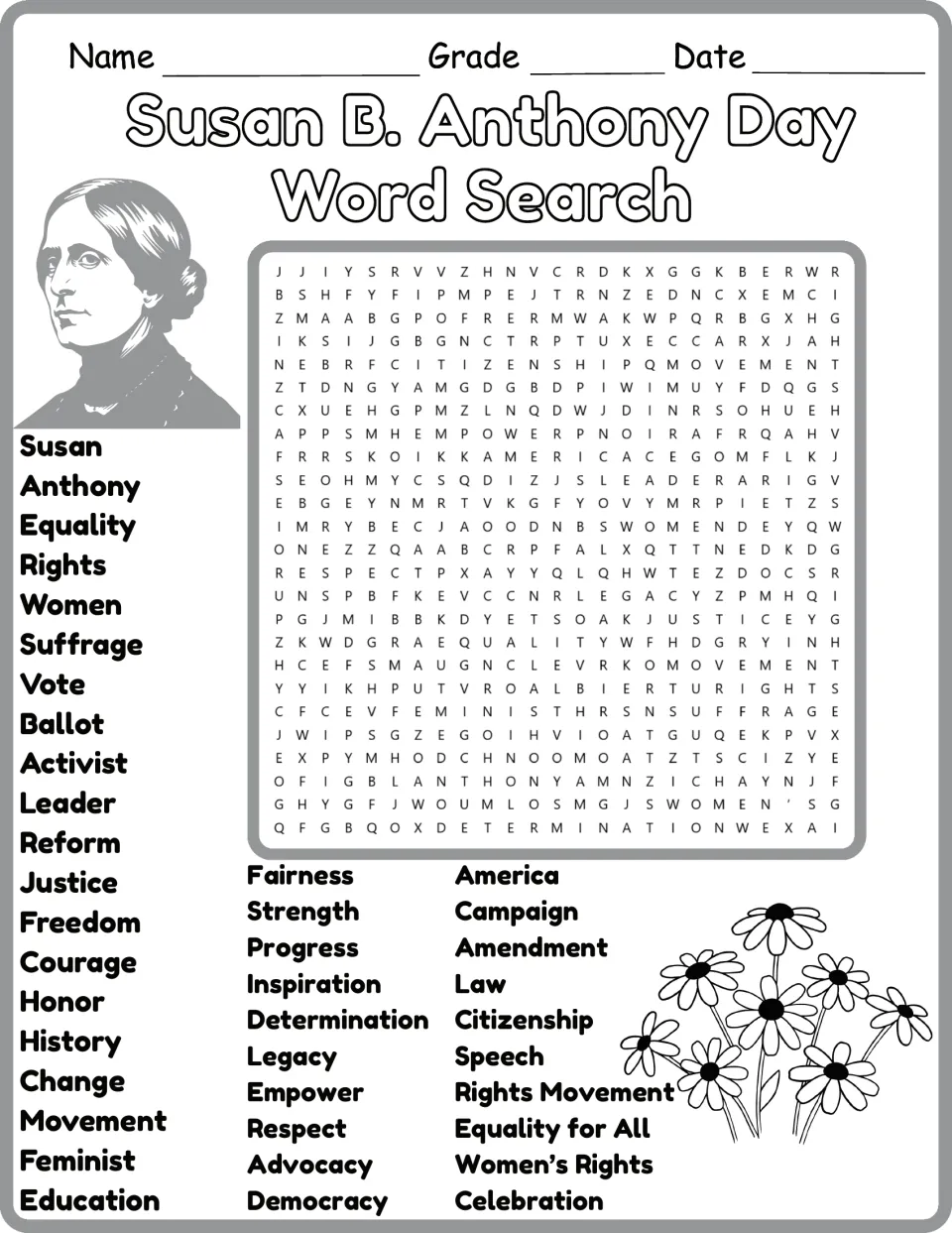 Black-and-white Susan B. Anthony word search: students hunt for voting rights terms like vote, reform and justice