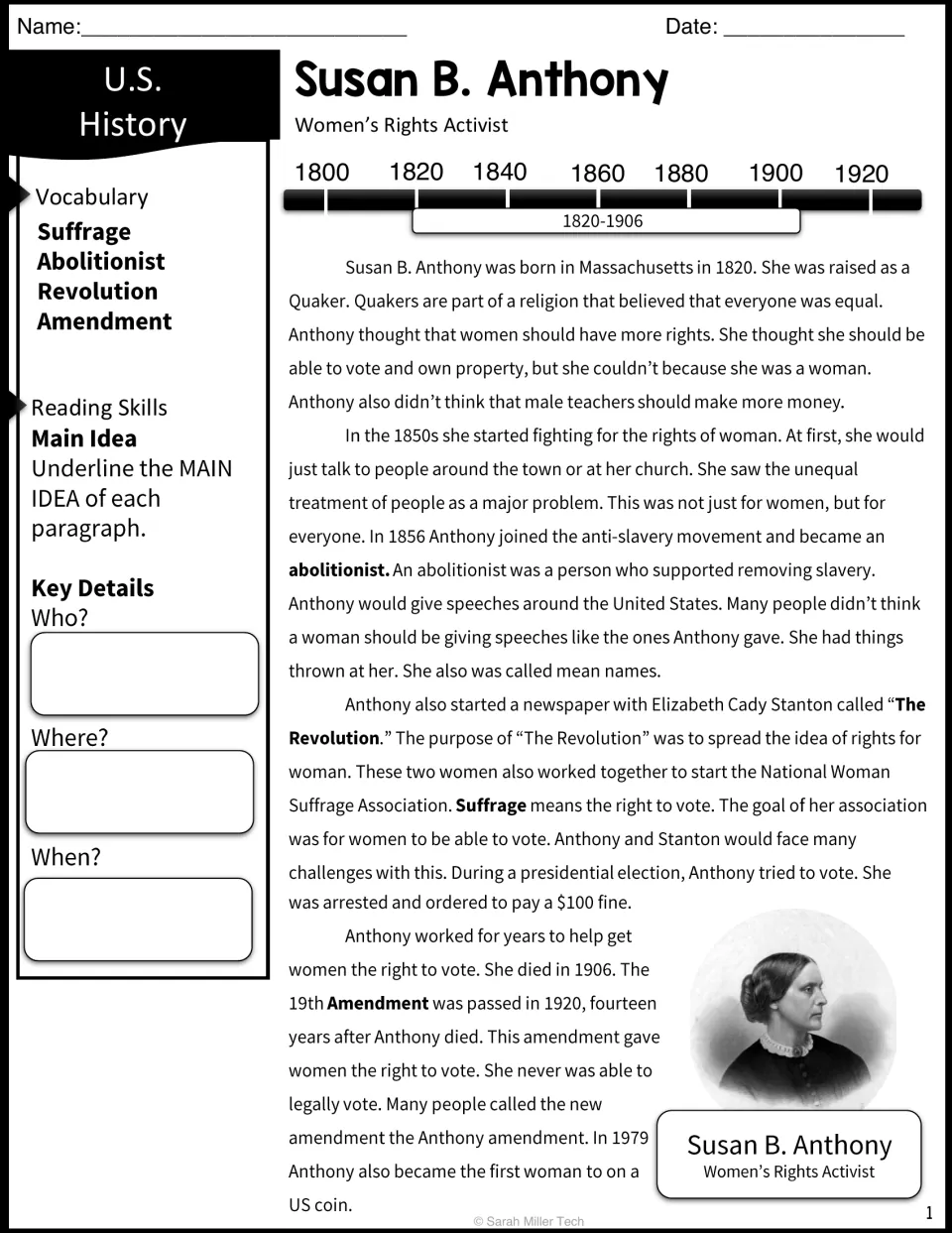 Susan B. Anthony biography passage with 1820-1906 timeline; students underline main ideas and note who, where and when