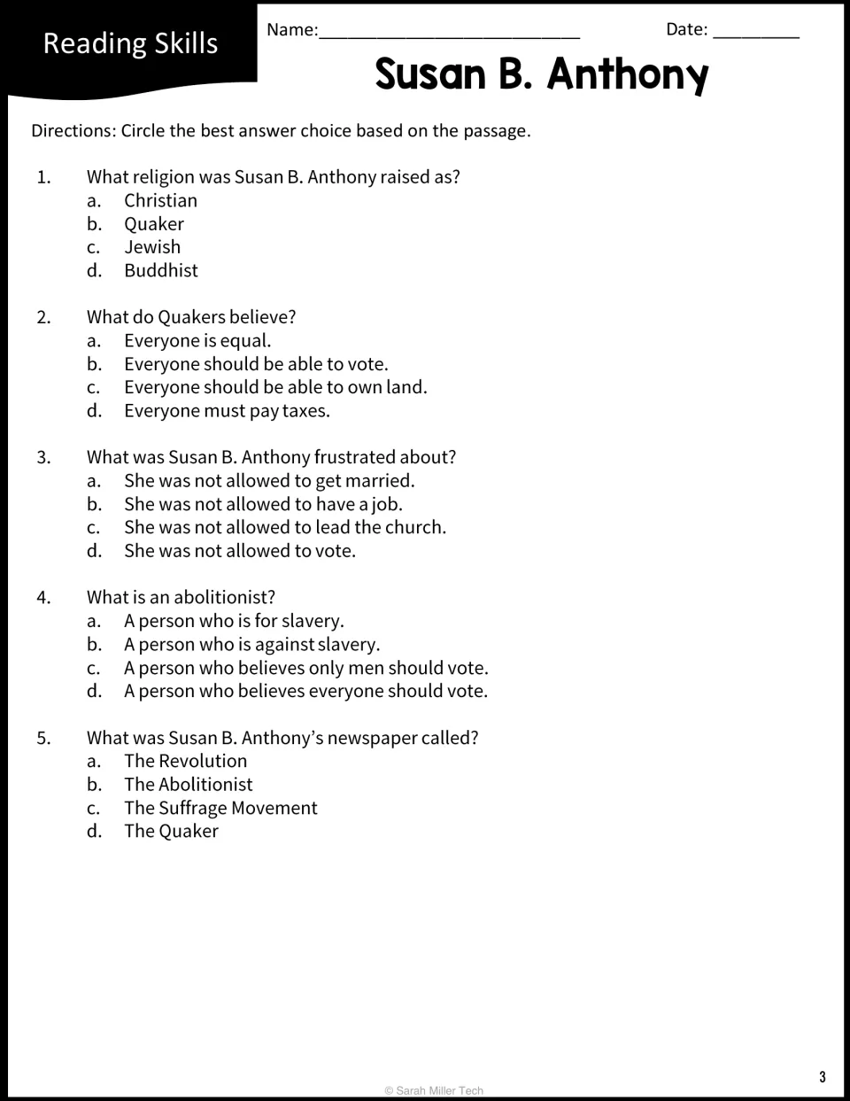 Multiple choice items 1 to 5 on Anthony's Quaker faith, her frustrations, the word abolitionist and her newspaper