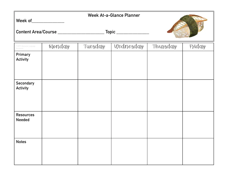 Weekly lesson planner with eel nigiri art: fill in week of, course and topic, then each day's activities and resources