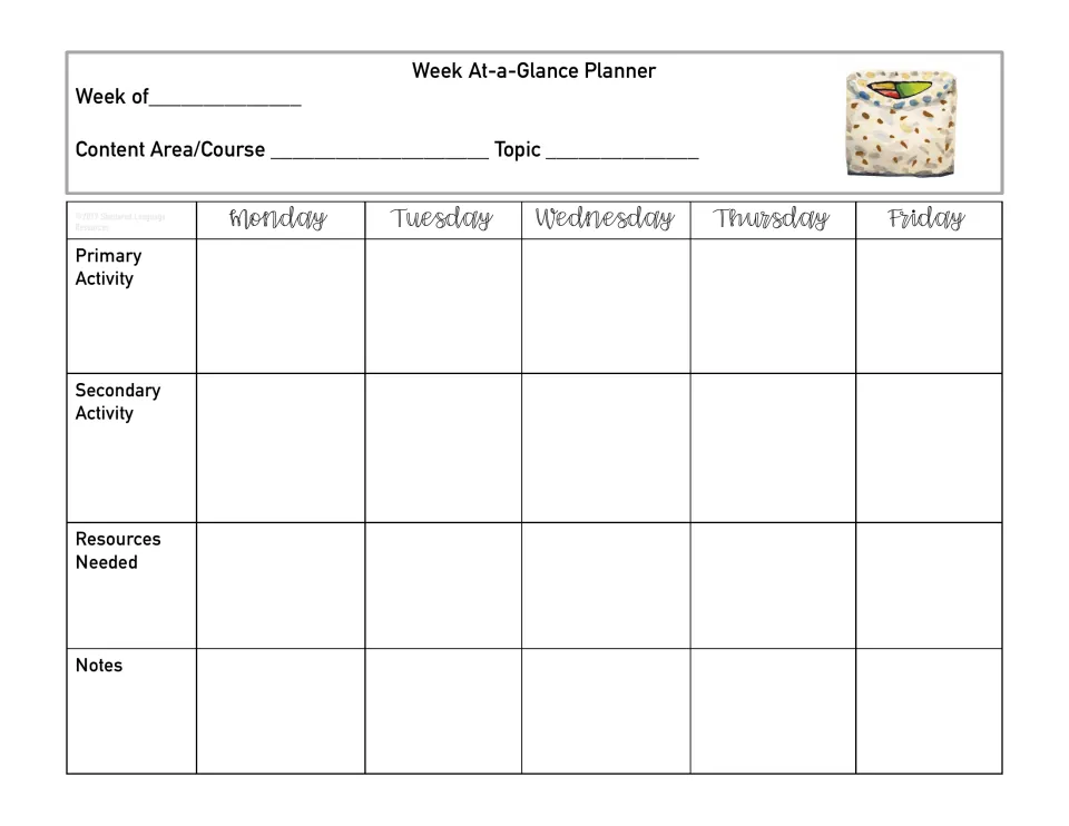 Week At-a-Glance planning page with a sushi roll slice: set the course and topic, then plan two activities per weekday