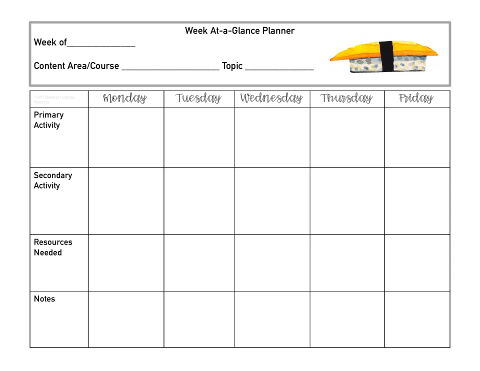Weekly lesson plan sheet with egg nigiri art: write the week's date, then each day's activities, materials and notes