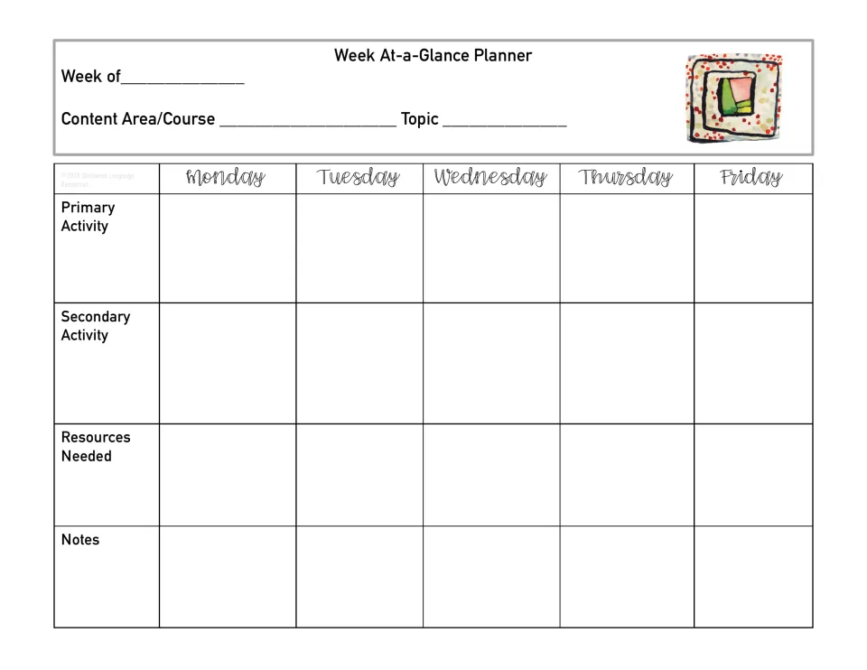 Five-day planner with maki roll art: note the content area and topic, then outline each weekday's activities and resources